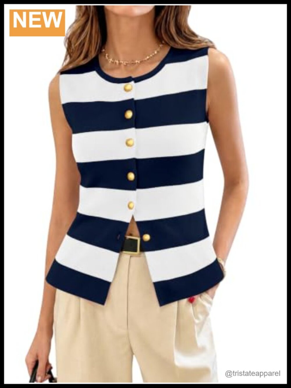 Womens Striped Sleeveless Knit Sweater Vest Button Down Casual Tank Top
